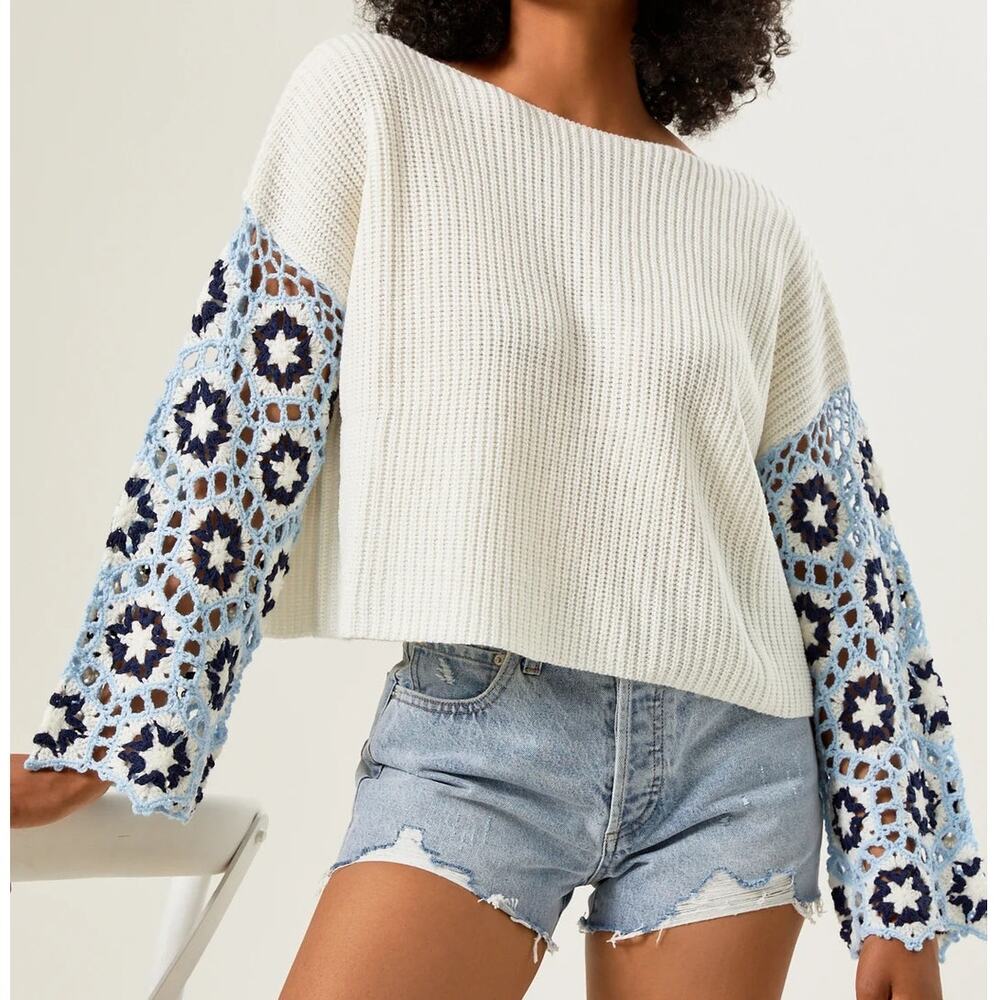 Altar'd State Knit Floral Crochet Boxy Boat Neck Sweater Womens XL